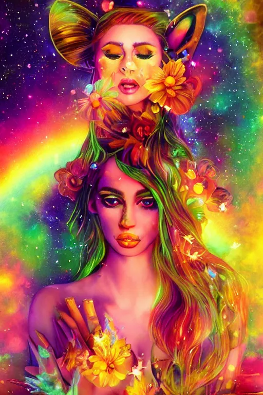 Prompt: psychedelic, digital painting, 4k, illustration, beautiful seductive woman with fox ears smoking weed, with professional makeup, long trippy hair, a crystal and flower dress, sitting on bed of crystals, surrounded by gems, underneath the stars, rainbow fireflies, trending on patreon, deviantart, twitter, artstation, volumetric lighting, heavy contrast, art style of Greg Rutkowski and artgerm and alphonse mucha