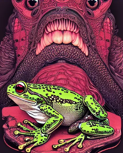 Image similar to hyper detailed illustration of a frog, intricate linework, lighting poster by moebius, ayami kojima, 9 0's anime, retro fantasy