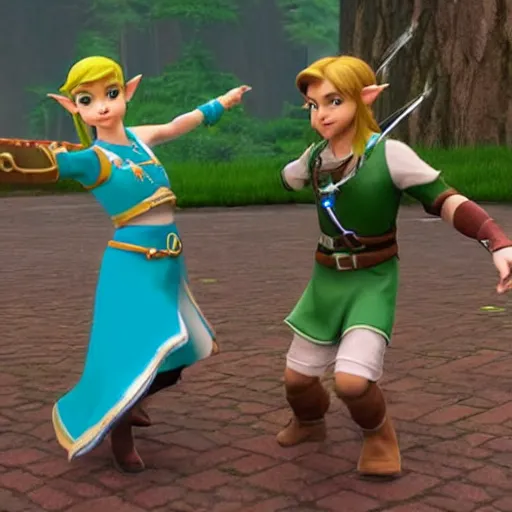 Image similar to real photo, zelda dancing with link, hyper realistic, 4 k octan render, unreal 5