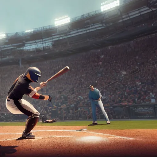 Image similar to baseball player hitting the ball with the baseball bat in the middle of the game and in front of everyone in the stadium, james gurney painting style, greg rutkowski, artstation, octane render, unreal engine 5