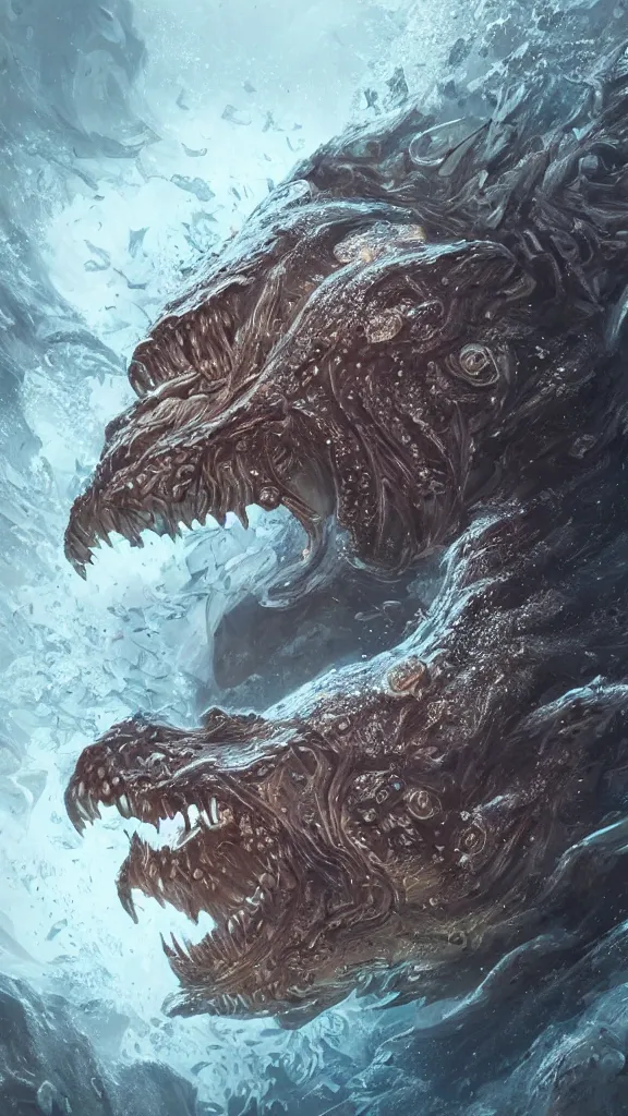 Image similar to ultra realist and ultra intricate detailed soft painting of an ancient creature angry boss in the ocean underwater environment, reflections, focus, detailed, realistic eyes, horizontal partial symmetry features proportions, intricate facial skin details, award winning, trending in cgsociety artstation deviant art, octane render