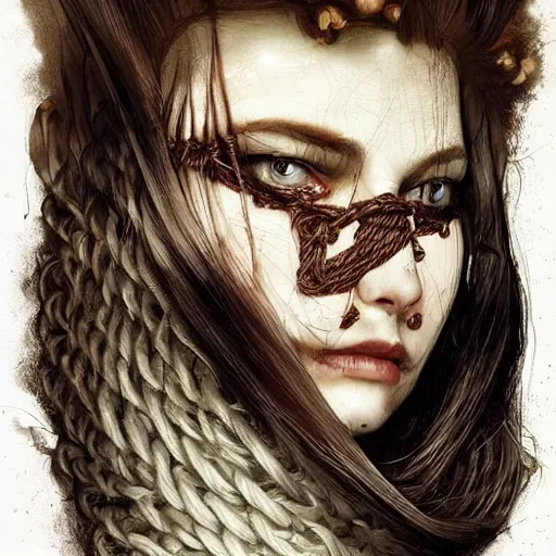 Image similar to portrait of a Shibari rope wrapped face and neck, headshot, insanely nice professional hair style, dramatic hair color, digital painting, of a old 13th century, traveler, amber jewels, baroque, ornate clothing, scifi, realistic, hyperdetailed, chiaroscuro, concept art, art by Franz Hals and Jon Foster and Ayami Kojima and Amano and Karol Bak,