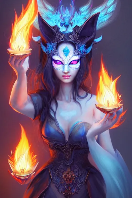 Image similar to gorgeous!!! hyper - realstic sorceress with a kitsune mask, holding a tattered magical book, casting a flame spell, blue flames | drawn by wlop, drawn by jeehyung lee, drawn by artgerm | fantasy, dark, intricate, highly detailed, digital painting, character design, concept art, illustration, artstation