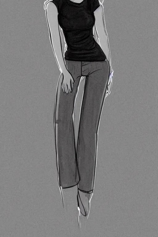 Image similar to portrait of a girl in long pants and a top, hands in pockets, eyes closed, bob haircut, digital art, black and white, lineart by bakartstudio 7