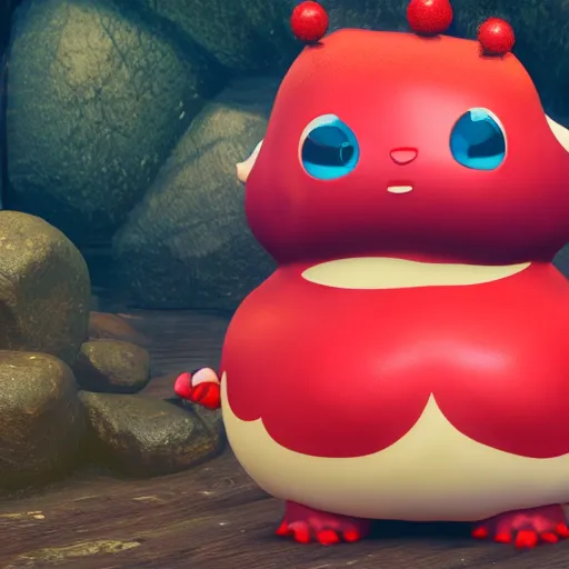 Prompt: chubby fat monster, red scales ,cute, sparkle eyes, photorealistic, wearing skirt, 4k, unrealengine,
