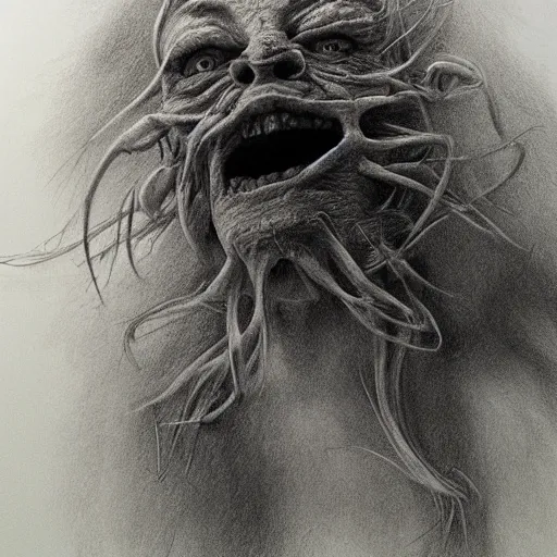 Prompt: An intruder, pencil drawing, portrait, highly detailed, Stephen Gammell, trending on artstation