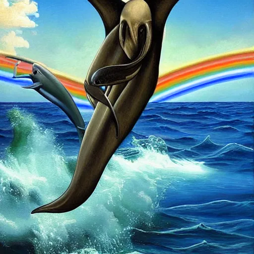 Prompt: a hyper realistic painting of the grim reaper sitting on of a dolphin jumping over a rainbow, by james c christensen and stephen gammel,