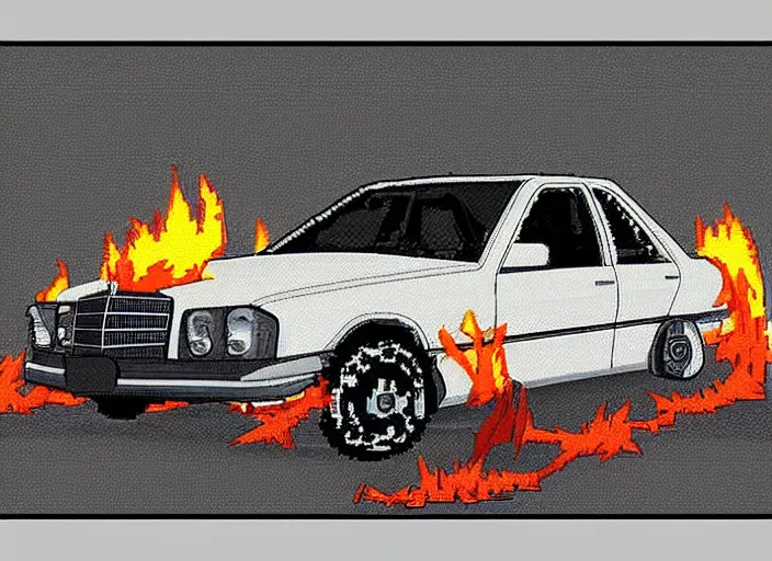 Prompt: burning wrecked mercedes 1 2 4, pixelart by kirokaze, award winning. dramatic. trending on artstation, low resolution sync, by monochrome game boy games