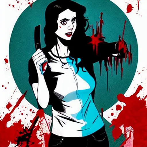 Image similar to Rafael Albuquerque comic cover art, loish, artgerm, pretty female Alison Brie serial killer holding bloody knife, blood on clothes and face, sarcastic smile, symmetrical eyes, symmetrical face, full body, jean jacket, jeans, short blonde hair, middle shot, highly saturated, deep blacks