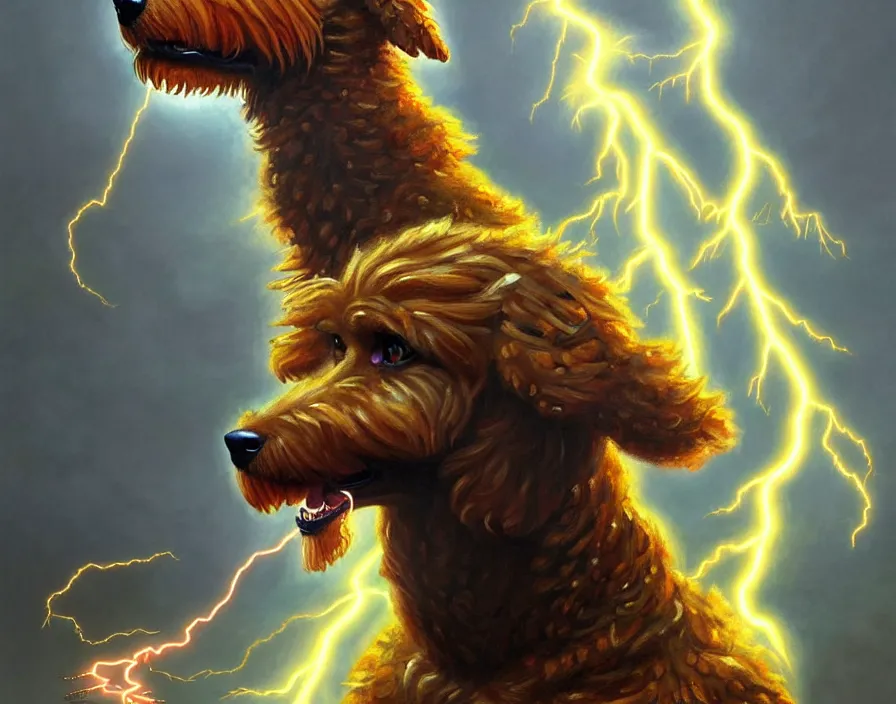 Prompt: an epic painting of a male anthropomorphic brown goldendoodle fursona as zeus, shooting lightning bolts from his paws, by alex grey and greg rutkowski, intricate details, artstation, furry, cinematic, hd, beautiful