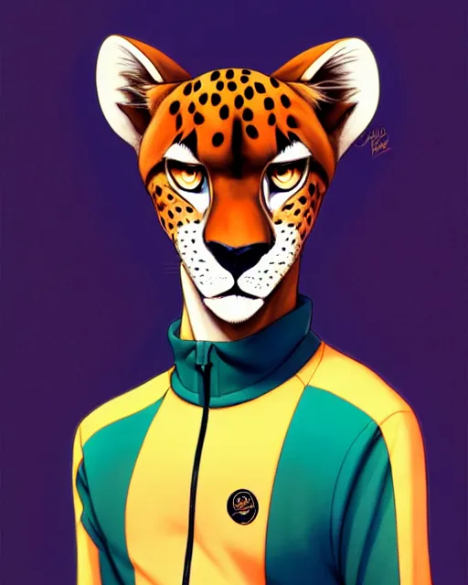 Image similar to don bluth, loish, artgerm, joshua middleton, anthropomorphic cheetah, wearing a track suit, smiling, symmetrical eyes symmetrical face, colorful animation forest background