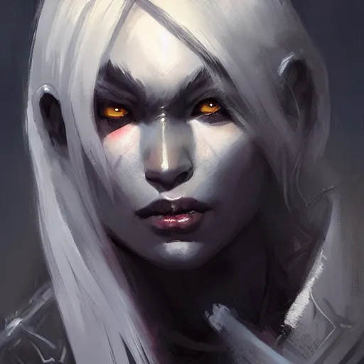 Image similar to closeup portrait of a drow warrior, dungeons and dragons character, dramatic lighting, castle background, gorgeous view, realistic, high detail, digital art, painted by greg rutkowski, painted by jeremy mann, trending on artstation