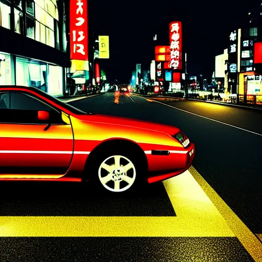 Prompt: a car toyota celica in middle of road, shibuya prefecture, night city, cinematic color, photorealistic, highly detailed