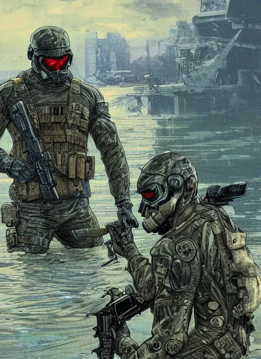 Image similar to the punisher. USN blackops operator emerging from water at the shoreline. Operator wearing Futuristic cyberpunk tactical wetsuit and looking at an abandoned shipyard. Frogtrooper. rb6s, MGS, and splinter cell Concept art by James Gurney, Alphonso Mucha. Vivid color scheme.