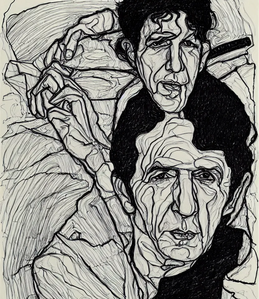 Image similar to line art portrait of leonard cohen inspired by egon schiele. contour lines, twirls and curves, musicality, rapid sketch