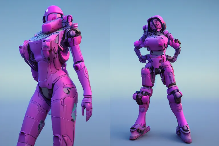 Image similar to a beautiful woman, piloting a mech. Pink and blue color scheme. Scifi city street background. In the style of Arcane by fortiche. Marmoset Toolbag, zbrush, substance painter.