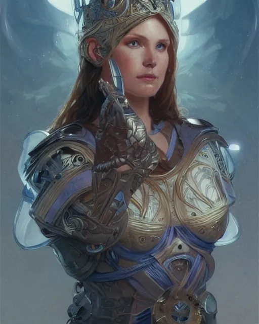 Image similar to portrait of viking, spacesuit, blue eyes, real life skin, intricate, elegant, highly detailed, artstation, concept art, smooth, sharp focus, art by artgerm and greg rutkowski and alphonse mucha