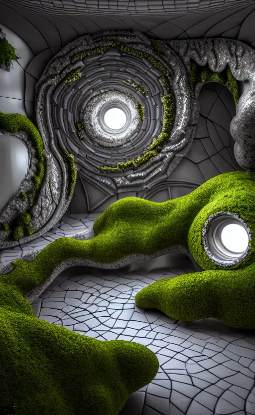 Image similar to highly detailed ultra sharp 3 d render villa interior cinematic composition of a smooth ceramic porcelain biomorphic magnolia stone nebula fluid fractal sci - fi surreal architecture landscape, granite, metallic, magnesium, marble, moss and lichen, vincent callebaut composition, mamou - mani, archviz, beautiful lighting, 8 k, unreal engine, hdr,