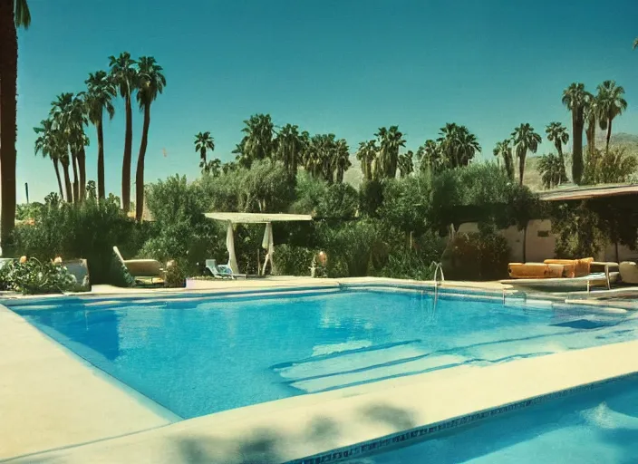 Image similar to a detailed photograph of a palm springs backyard pool in the 1 9 7 0 s by slim aarons, photoreal, 4 k, mist