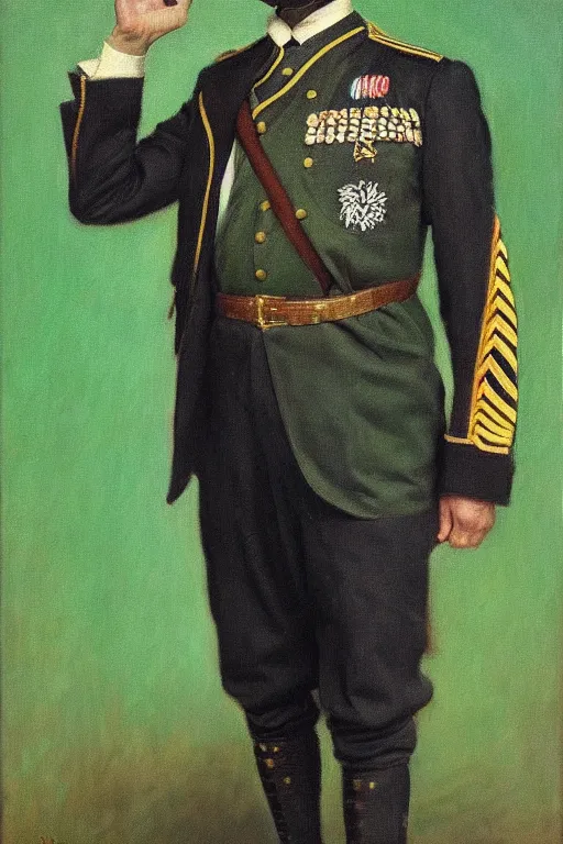 Prompt: full body portrait of the dictator of the boston celtics, 1 8 8 9, in full military garb, oil on canvas by william sidney mount, trending on artstation
