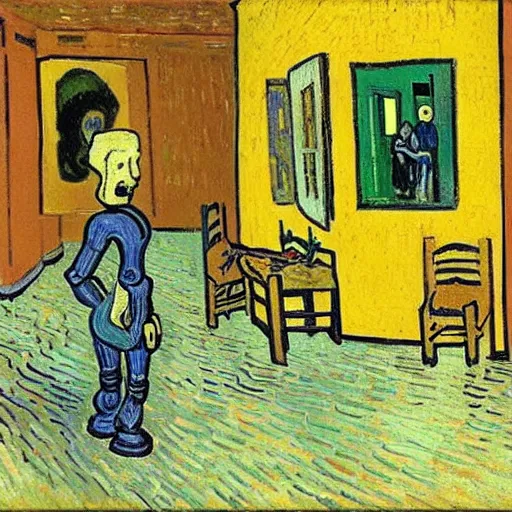 Image similar to A robot walking in the backrooms, painted by Vincent Van Gogh