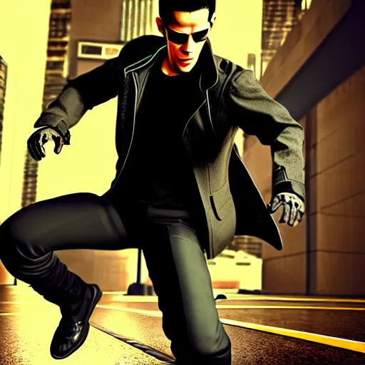 Image similar to fast fit good looking man in bullet time, action pose, like matrix, cyberpunk, photorealistic, highly detailed, masterpiece