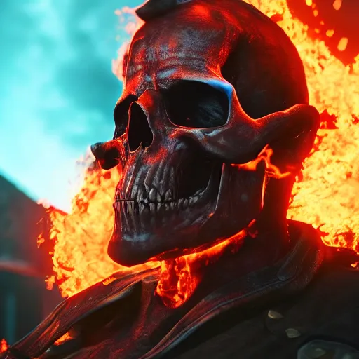 Prompt: hell raiser, field of view, depth of field, artstation, unreal 5, octane render, backlight, vfx, flames, symmetrical features, manic, true to character, epic, motorcycle, movie star, skull, - w 8 3 2