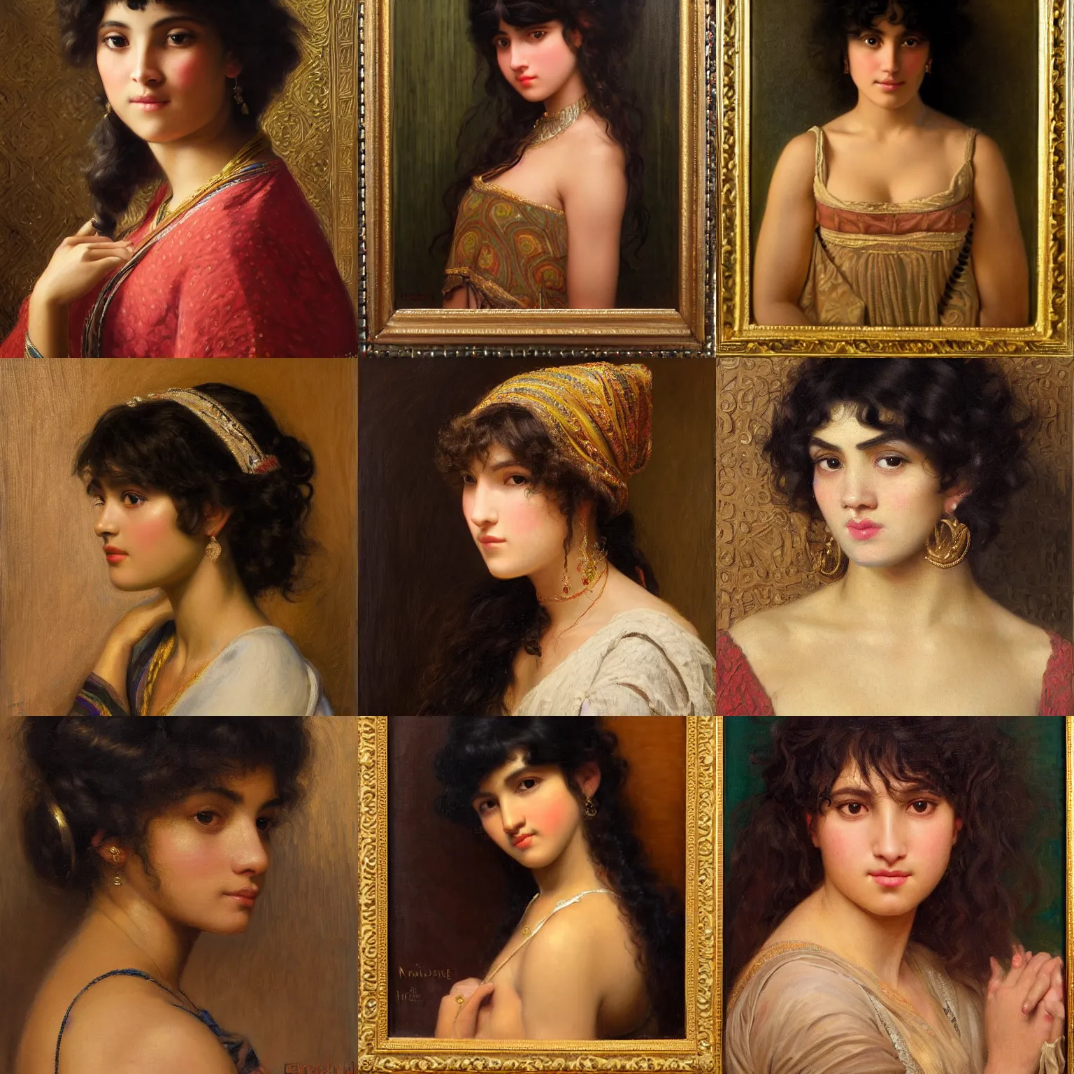 Prompt: orientalism portrait of a cute woman with bangs and curls and brown skin by Edwin Longsden Long and Theodore Ralli and Nasreddine Dinet and Adam Styka, masterful intricate artwork. Oil on canvas, excellent lighting, high detail 8k