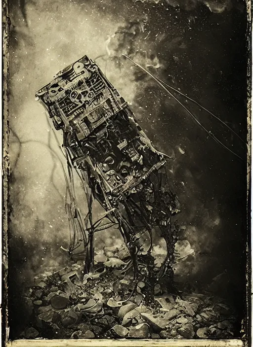 Prompt: old wetplate daguerreotype attack on titan, explosion of data fragments, fractal, intricate, elegant, highly detailed, parallax, leica, medium format, subsurface scattering, by jheronimus bosch and greg rutkowski and louis jacques mande daguerre