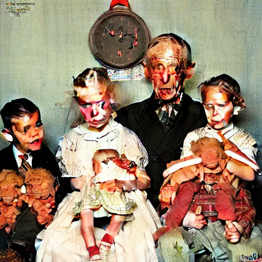 Image similar to A portrait of family of six. Man and wife, kids aged two, eight, twelve, fourteen. A painting by Norman Rockwell.