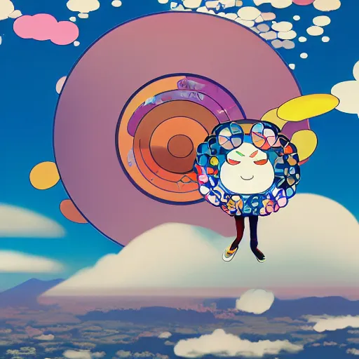 Image similar to a man walking on clouds away from the camera above kyoto by takashi murakami, beeple and james jean, aya takano color style, 4 k, super detailed, modern, 4 k, symmetrical