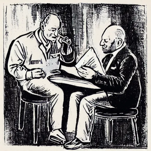 Prompt: buzz aldrin playing the drums while Lenin reads from a bible in a downtown New York jazz club in the late 1950's. etching