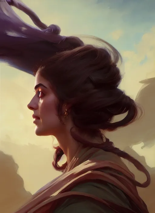 Image similar to side portrait, maya ali, wind sorcerer, gloomhaven, organic painting, hard edges, luminescent, octane render, by greg manchess, huang guangjian, gil elvgren, sachin teng, greg rutkowski, jesper ejsing, rhads, ilya kuvshinov, cushart krenz