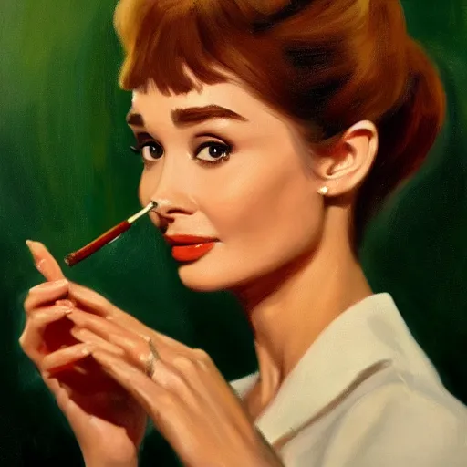 Prompt: closeup portrait of audrey hepburn smoking cigar in the film breakfast at tiffany's ( 1 9 6 1 ), evening, highly detailed, ultrarealistic oil painting, vladimir volegov, artstation