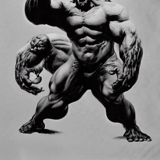 Image similar to hairy, thick muscled, overbearing, hungry, menacing, giant painted by bernie wrightson, boris vallejo, frazetta