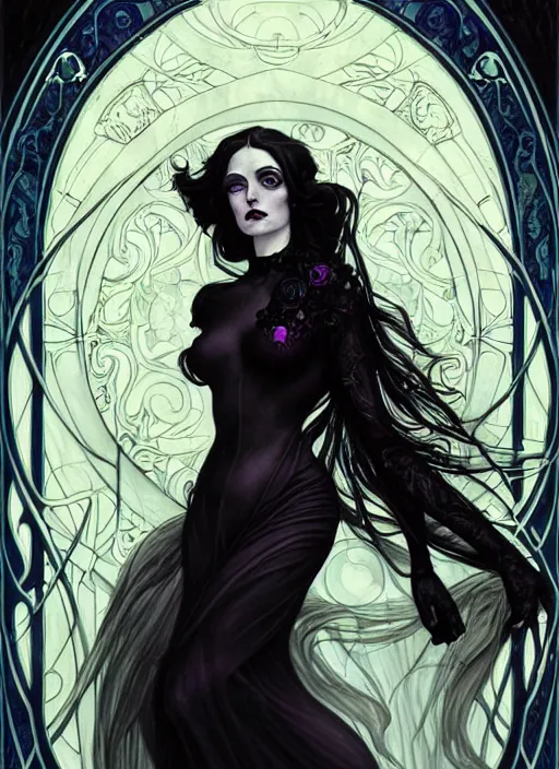 Image similar to an art nouveau, dark witch portrait in the style of charlie bowater, and in the style of donato giancola, and in the style of charles dulac. very large, clear, expressive, intelligent eyes. symmetrical, centered, ultrasharp focus, dramatic lighting, photorealistic digital painting, intricate ultra detailed background.