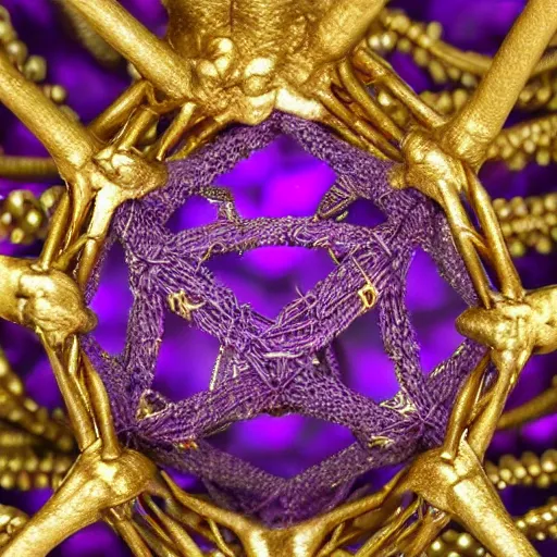 Prompt: ornate and intricate dodecahedron made of purple crystals and gold wires in the form of a anatomical correct skull, dark moody background