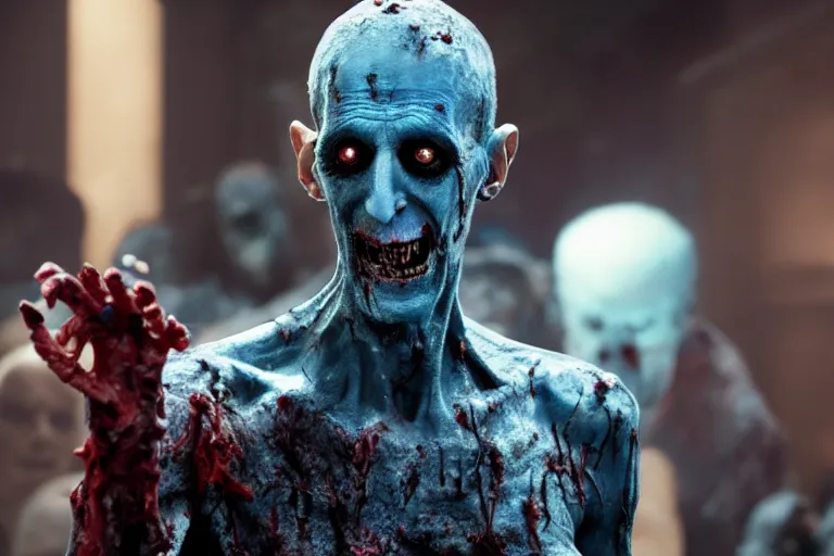 Image similar to film still of zombie zombie Ebony Maw as a zombie in new avengers movie, 4k