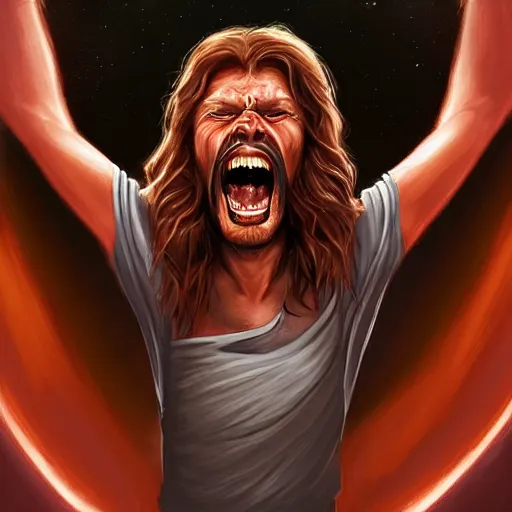 Prompt: crazy long haired man screaming in a star wars cantina, digital painting, award - winning sci - fi on art station, artgerm