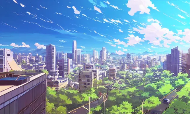 Image similar to Overlooking a modern city, summer sunny day, by Makoto Shinkai, super wide angle