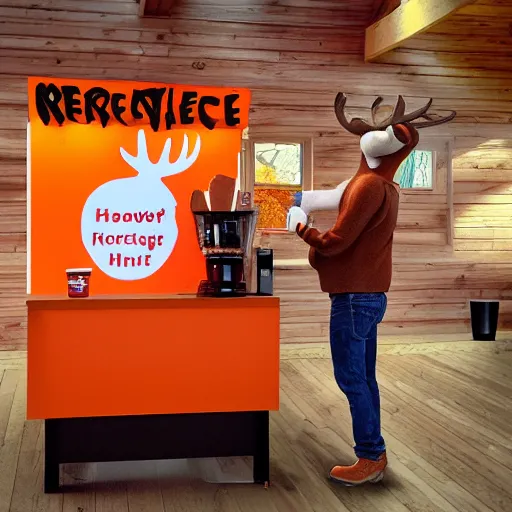 Image similar to a moose with an orange hoodie and antlers selling coffee at a stand in peterborough new hampshire, realistic, 8 k