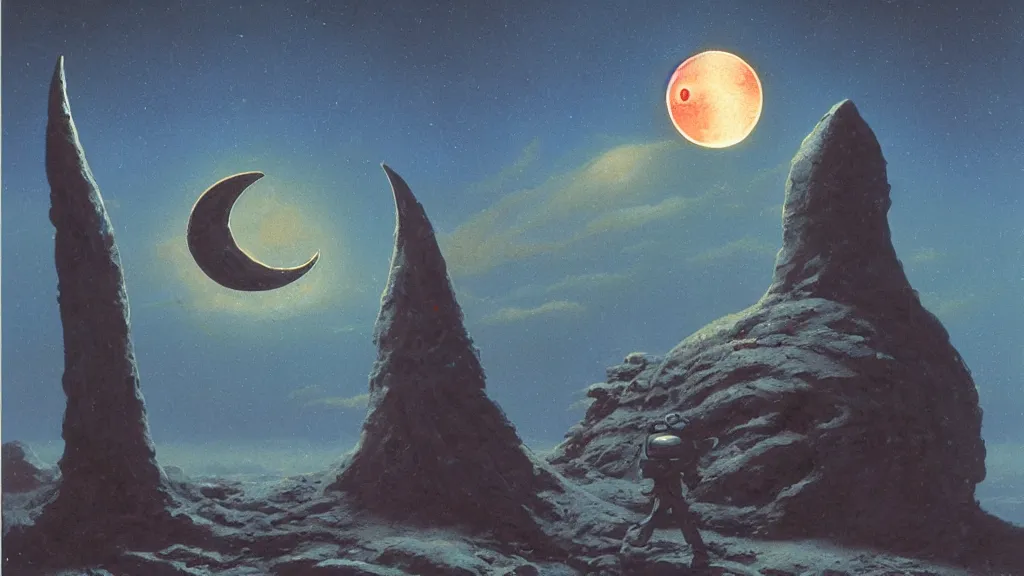 Prompt: mysterious whimsical sculpture of an alien crescent moon by paul lehr and john schoenherr, cinematic matte painting