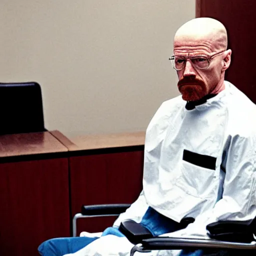 Prompt: walter white with no beard, wearing an oxygen mask, sitting in a wheelchair in a courtroom. photography by annie liebowitz