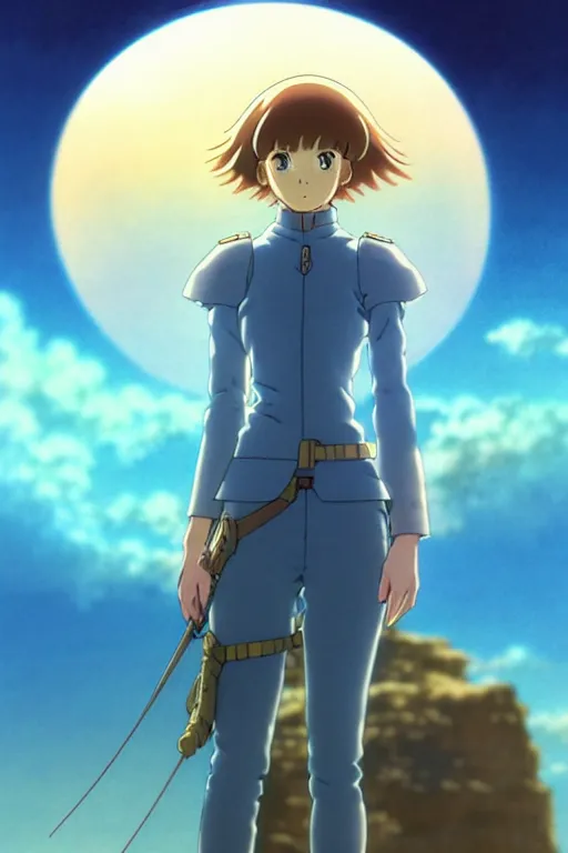 Image similar to anime art full body portrait character nausicaa by hayao miyazaki concept art, anime key visual of elegant young female, short brown hair and large eyes, finely detailed perfect face delicate features directed gaze, sunset in a valley, trending on pixiv fanbox, studio ghibli, extremely high quality artwork by kushart krenz cute sparkling eyes