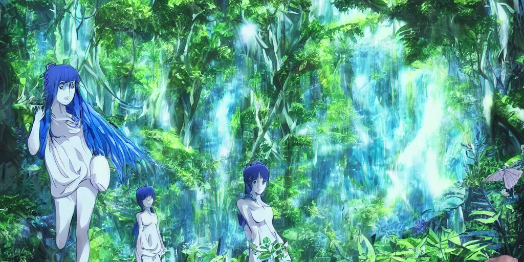 Image similar to blue spirits in a rainforest. anime art style