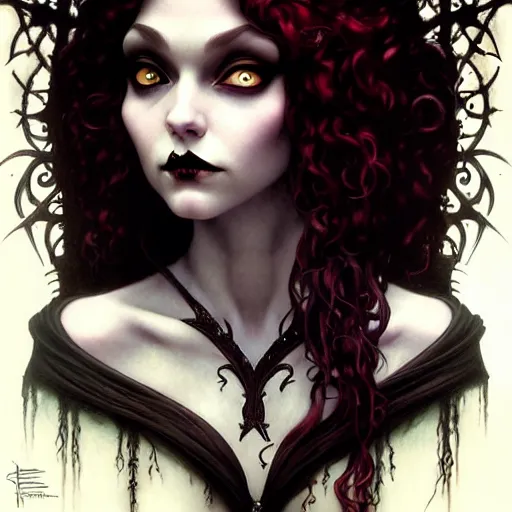 Prompt: a dark gothic version of Princess Merida, face, fantasy, intricate, elegant, highly detailed, digital painting, artstation, concept art, smooth, sharp focus, illustration, art by Gerald Brom and Tim Burton and Artem Demura and alphonse mucha