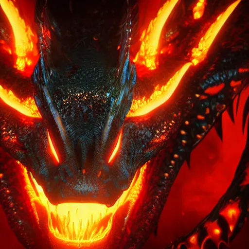 Image similar to portrait of the most fierce dragon ever, burning red eyes, photorealistic, intense lighting, unreal engine