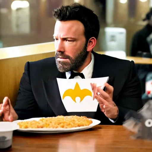 Prompt: A photo of Ben Affleck's Batman eating at KFC. Extremely detailed. 4K. Award-winning