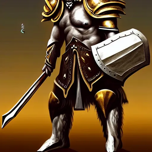 Image similar to Giant minotaur humanoid beast warrior with two handed axe, horned helmet, concept art, heavy white and golden armor, paladin, giant horns, portrait, dungeons and dragons, hyperrealism, high details, digital painting, dark fantasy