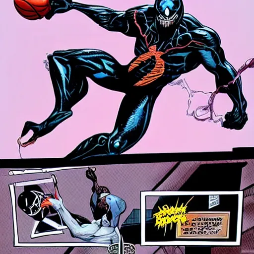 Image similar to venom from marvel doing a slam dunk in basketball